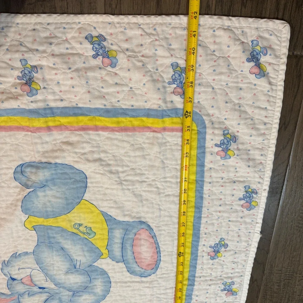 Vintage 80s Bunny Rabbit Balloons Baby Quilt Pastel Colors Nursery Decor Blanket